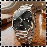 PAPIO® Analog Quartz Watch with Date Display | Silver Stainless Steel Strap | Square Dial Formal & Casual Wrist Watch for Men