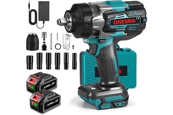 ONEVAN cle a choc sans fil 1700 N.m, 1/2" clé à choc sur batterie avec 2 batteries 4,0 Ah et 6 clés à douille (14/17/18/19/21/22mm), sans balais, boulonneuse a choc électrique pour projets intensifs