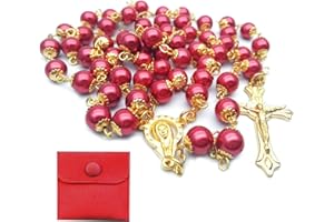 Calkkrer Katholischer Rosenkranz, Rosenkranz zur Kommunion mit Retro-Kreuz,Samt Geschenkbeutel Elegante Kreuz.Taufe Kommunion Hochzeit Kommunion Party(Rot)