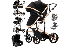 MOLI 3 en 1 Sistema de Viaje Para Bebé Cochecito de Bebé 3 en 1 Carrito con Capazo Silla de Paseo Cochecito de Paisaje Alto Reclinable Cochecito Estándar Plegable de Recién Nacido (588 Black Gold New)