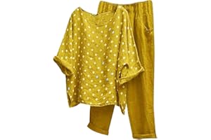 GENERICO Tuta Lino Donna Estiva, Donna Tuta Estiva Moda da Spiaggia Completo Sportivo in Due Pezzi Lino Maglia a Manica Corta + Pantaloni Lunghi Abbigliamento Elegante Casual Completo Larghi Curvy Tuta da Casa