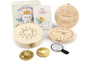 Gzxhsy Zahndose Milchzähne für Mädchen und Jungen | Zahnfee Geschenk set mit Brief, 2 Münzen, Lupe, Pinzette & Haarlockenfläschchen | zur Taufe, zum Geburtstag oder für neue Eltern (Zahn-Motiv)