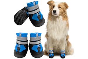 Muecleao Hundeschuhe Pfotenschutz, 4 Stück Wasserdicht Anti-Rutsch Hundestiefel mit Rutschfester Sohle und reflektierendem Klettverschluss, Schuhe für kleine, Mittlere und Große Hunde (Blue, XL)