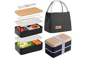 Aiuuee Lunch Box Set, 1400 ml Porta Pranzo con Borsa Termica Porta Pranzo e Posate, Bento Box Microonde?Ermetica Schiscetta Pranzo per Adulti Bambini Picnic Ufficio (Nero)