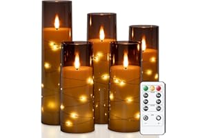 Homemory Flickering Flameless Candles with String Lights, Battery Operated Candles with Remote Control and Timer, Embedded Fairy Lights LED Candles, Acrylic, Home Decoration, Grey, Set of 5