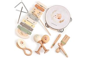 OESSUF Instrumentos Musicales para niños a Partir de 3 años, 7 en 1 xilófono pandereta Infantil Set Baby Montessori Juguetes de Madera Juguetes para niños a Partir de 18 Meses (Ardilla)
