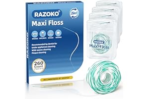 RAZOKO Threader Floss for Braces,Implants,Bridges-2 in 1 Fluffy Waxed Dental Floss with Pre-Cut Strands for Deep Clean,PFAS Free | Mint Flavored 260 Count (Pack of 4)