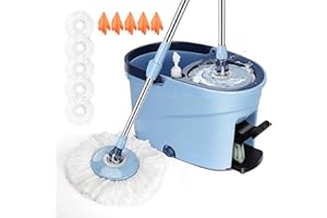 Myiosus Serpillière Seau Essoreur à Pédale, Balai Serpillère avec Poignée en INOX, Sceau Menage Essoreur, Serpillere en Microfibre pour Nettoyage Sols - 5 Tampons (Bleu)