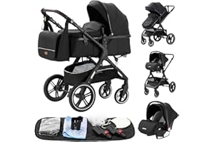 GLOKID Carrito bebé 3 en 1, Carro, Carrito bebé 3 Piezas, Silla Paseo, Sistema de viaje, Plegable, neumáticos de caucho, Con accesorios, Góndola, Adaptateurs, 25 kg (X1 Nero)…