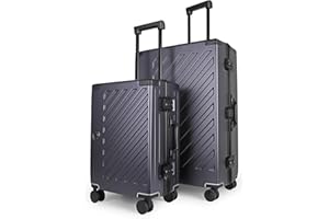 JLY 100% Polycarbonate Zipperless Suitcase Set, Small Carry On + Large Check in Luggage, Double TSA Locks, Hardside 4 Spinner Wheels, Aluminium Handle, Flight Case for Travel in Charcoal Grey