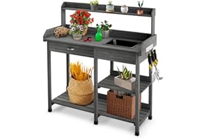 TANGZON Garden Potting Table, Wooden Potting Bench with Large Sink, Drawer, Open Shelves & 3 Hooks, Outdoor Gardening Flower Plant Workstation for Patio Balcony Yard Lawn (Grey)