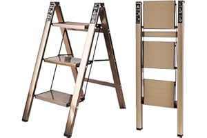 BOWEITI Escabeau léger - Échelle pliante en aluminium légère et portable pour une utilisation à la maison et au bureau - Pédale antidérapante - Capacité : 330 kg - Échelle domestique (champagne 3 étapes)
