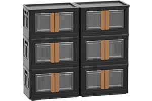 HAIXIN Boite rangement Cuisine plastique, 32L Pliable caisse, avec couvercle et 4 roulettes Empilable, aux Vetements Jouets, Chambre à Coucher (lot de 6) Noir