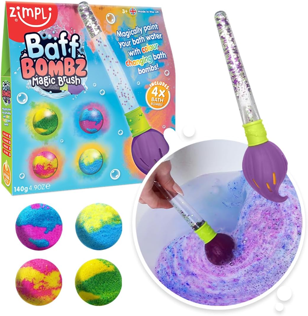 ZIMPLI - Baff Bombz Magic Brush, 4 x Bath Bombs, Magic Wand, Magically paint your bath water with this Creaitve Toy for Children, Re-Fill Packs Available in 4's, 12's or 20's in our ZIMPLI - store