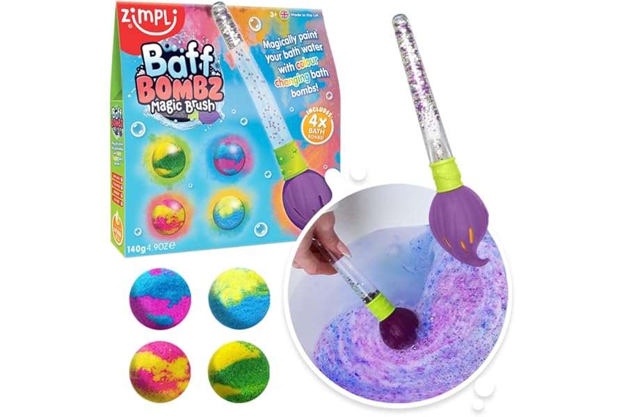ZIMPLI - Baff Bombz Magic Brush, 4 x Bath Bombs, Magic Wand, Magically paint your bath water with this Creaitve Toy for Children, Re-Fill Packs Available in 4's, 12's or 20's in our ZIMPLI - store