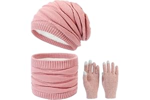 VPOOFREE Hat Scarf Gloves Set for Women Winter Knitted Scarves Beanie Hat and Gloves,Soft Warm Thick Skull Cap Circle Snoods Touch Screen Mitten for Ladies Outdoor Sports