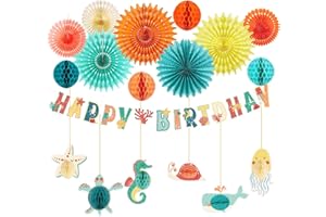 SUNBEAUTY Under the Sea Party Decorations Happy Birthday Banner Paper Fans Ocean Sea Animal Honeycomb with Coral Starfish Sea Turtles Ocean Birthday Decorations Hanging Sea Creature Decoration for Party