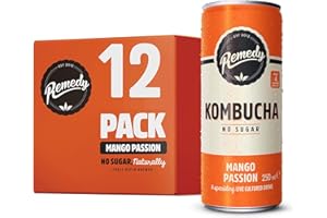 Remedy Kombucha Tea - Mango Passion - Sparkling Live Cultured, Naturally Sugar Free Soft Drink - Probiotic for Gut Health - 12 x 250ml