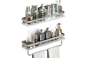 Santentre Shower Caddy Shelf Bathroom Set of 2, Acrylic Bathroom Shelves Wall Mounted with Metal Frame & Towel Bar, No Drilling Storage Shelves for Bathroom, Living Room, Kitchen (Black-Grey)