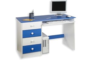 ‎IDIMEX IDIMEX Kinderschreibtisch Schülerschreibtisch MALTE Schreibtisch mit Tastaturauszug und 4 Schubladen, Kiefer massiv weiß/blau lackiert