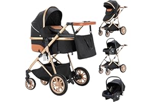 Zkiprm - Cochecito 3 en 1 con asa ajustable, cochecito portátil con asiento para coche, marco de aleación de aluminio, absorción de impactos, diseño elevado, negro