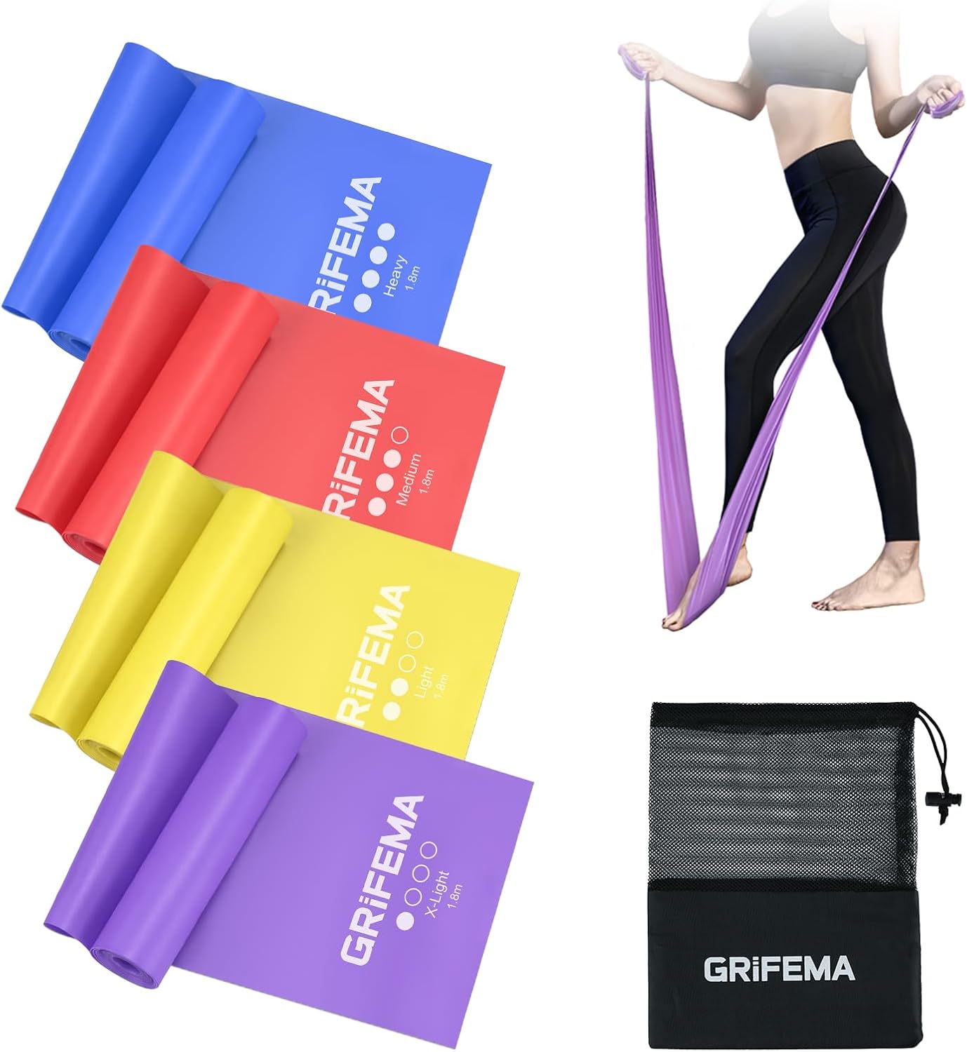 GRIFEMA GA5002 Bandas Elasticas Fitness[Set de 4] 1.8M, Cintas Elasticas con 4 Niveles de Resistencia para Entrenamiento de Fuerza, Yoga, Pilates