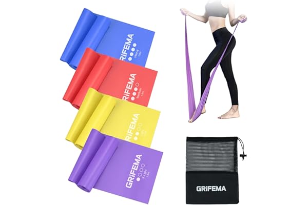 GRIFEMA GA5002 Bandas Elasticas Fitness[Set de 4] 1.8M, Cintas Elasticas con 4 Niveles de Resistencia para Entrenamiento de Fuerza, Yoga, Pilates