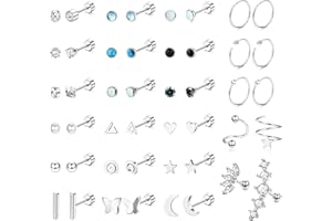 JeweBella 23 Pares Juego de Pendientes Mujer Pequeños de Acero Quirurgico Cartílago Hipoalergénicos Pendientes de Aro Luna Estrella Circonita Helix Piercing Pendientes para Mujeres Hombres