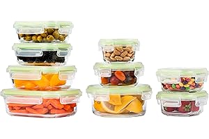 Home Fleek Recipientes de Cristal para Alimentos Hermeticos con Tapa - Tapers para Comida Hermetico, Ahorro De Espacio Recipientes para Alimentos para Microondas, Horno Y Congelador (Pack 9, Verde)