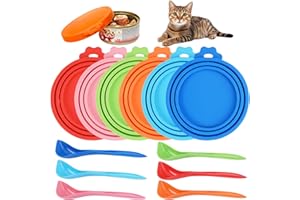 KINETICKRAFT 6 Pièces Couvercle Boite De Conserve avec 6 CuillèRes à Nourriture Pour Chats,Couvercle Conserve, Couvercles en Silicone Réutilisables, Couvercles de Conserve pour des Tailles Multiples