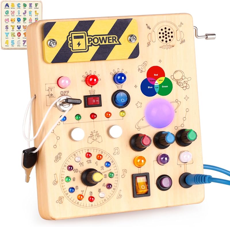 Konijiwa Juguetes Niños 1 año Montessori Busy Board con 12 interruptores y 24 Luces LED Juguete de Aprendizaje sensorial Juegos Niño 1 2 3 años Tablero de Actividades de Madera Regalo Niña