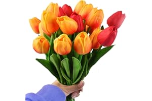 YLINWTECH 8 Piezas Tulipanes Artificiales de Flores,Flores de Tulipanes Artificiales de Látex,Ramos de Flores Falsos de Tulipanes Realistas,para Bodas,Novias,Hogar,Fiestas,Cumpleaños(Rojo y Naranja)