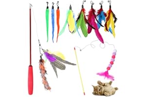 Zyluniy 12 Pièces Jouet Chat Interactif, Interieur Jouets pour Chats avec 2 Canne à Pêche Rétractable pour Chaton, Plumes de Remplacement avec Cloche, Jouets Intelligence Chat Baguette