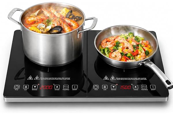 AMZCHEF Plaque Induction 2 Feux, Tables de Cuisson à Induction avec Contrôle Indépendant, 3500 W, 20 Niveaux de Température, Plusieurs Niveaux de Puissance, Minuterie de 3 Heures