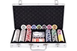 DREAMADE Set da Poker 300 Chips con Custodia in Alluminio con 1 Pulsante Dealer 5 Dadi 2 Mazzi di Carte (Argento)