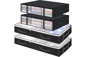 CJWLKJ 4-Pack Under Bed Storage Bags, Foldable Large Underbed Storage Organiser Containers, Clothes Storage Bags Box with Clear Window & Handles for Blanket, Comforter, Bedding, Quilts, Black