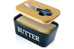 Dyserbuy Butter Dish with Lid, Butter Dish, Porcelain Butter Container with Double Silicone Seals Cover, Ceramic Butter Keeper with Knife, Perfect for East West Coast Butter, 650ml (Dark Blue)