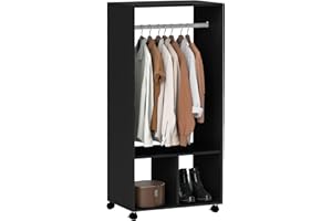 HOMCOM Armario Ropero con Ruedas Armario para Ropa con Barra Estantes Abiertos Organizador para Colgar Ropa de Dormitorio 60x40x128 cm Negro