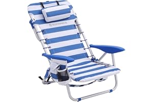 ‎SONGMICS SONGMICS Krzesło plażowe z poduszką, aluminium, przenośne krzesło składane, krzesło kempingowe, składane i regulowane, jak plecak, krzesło outdoorowe, niebiesko-białe paski, GCB62BU