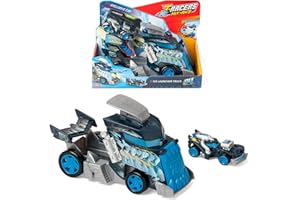 T-RACERS MIX ´N RACE Ice Launcher Truck – Camión lanzador con detalles de hielo. Incluye 1 vehículo T-Racer Mix ´N Race exclusivo. Presiona el disparador para lanzarlo. Compatible T-Racers Mix ´N Race