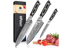 oFuun 3 Pezzi Set Coltello Da Cucina Damasco a 67 Strati, Coltelli Giapponese Professional 17,6cm Lame Coltelli da Carne Kiritsuke Per Chef E Appassionati Di Cucina