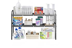 Mointal Estante Expandible Bajo Fregadero, Repisa de 2 Niveles para Cocina y Baño, Organizador Bajo Fregadero, Soporte para Zapatos con 8 Paneles Removibles, Largo/Altura Ajustable, Negro