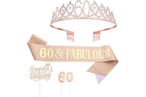 LUTER 5pcs 60th Birthday Crown and Sash Set, Sweet Rhinestone Tiara Queen Sash with Pin Cake Toppers Candles 60 Birthday Party Decorations for Girls Women (Pink)