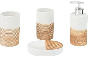 axentia Accessoires Rimini-Bad Utensilien-4-teiliges Badezimmer Set aus Seifenspender, Seifenschale & Zahnputzbechern-Badzubehör wiederbefüllbar, Keramik, Beige, 1 x 1 x 1 cm
