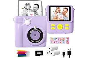 GKTZ Appareil Photo Instantané Enfant - 1080P HD Appareil Photo Numérique, Jouet avec 32GB Carte et 3 Rouleaux de Papier, Cadeaux d'anniversaire pour Filles et Garçons de 4-12 Ans, Violet