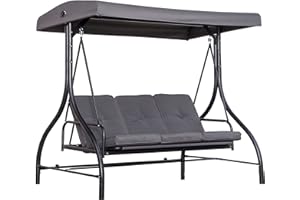 Outsunny Balancelle de Jardin 3 Places Convertible Inclinaison Toit réglable Matelas Grand Confort Rembourrage 8 cm fourni Gris métal époxy Noir