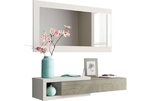 Habitdesign Corridoio con cassetto e Specchio, Mobile da Ingresso, Modello Noon, Rifinito in Bianco Artik e Quercia dell'Alaska, Misure: 95 cm (Larghezza) x 19 cm (Altezza) x 26 cm (profondità)