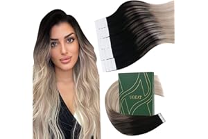 Ugeat Extensiones Pelo Natural Adhesivas 55 cm Extensiones Pelo Humano Adhesivas Negro Cómodo Ombré Rubio Ceniza Platino Balayage Humano Largo 20pz 50G
