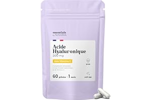 Acide Hyaluronique Pur, 60 Gélules Vegan, Action Anti-Âge + Anti-Rides, 800-900 kDa, Cure de 1 mois, Hydratation de la Peau, Avec Vitamine C, Fabriqué en France, Essentials by NOVOMA