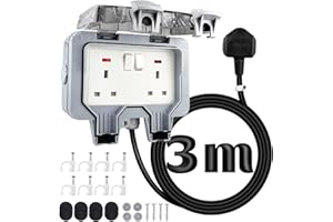 FOXNSK Outdoor Plug Sockets Waterproof 3m Extension Lead Ip66 Weatherproof Double Outside 13Amp 2 Gang External Power Electrical Plug for Outdoors Garden